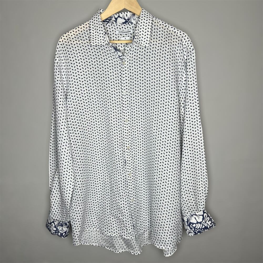 Europann Linen Button Down Shirt XL Mens Flip Cuff Coastal Printed Long Sleeve